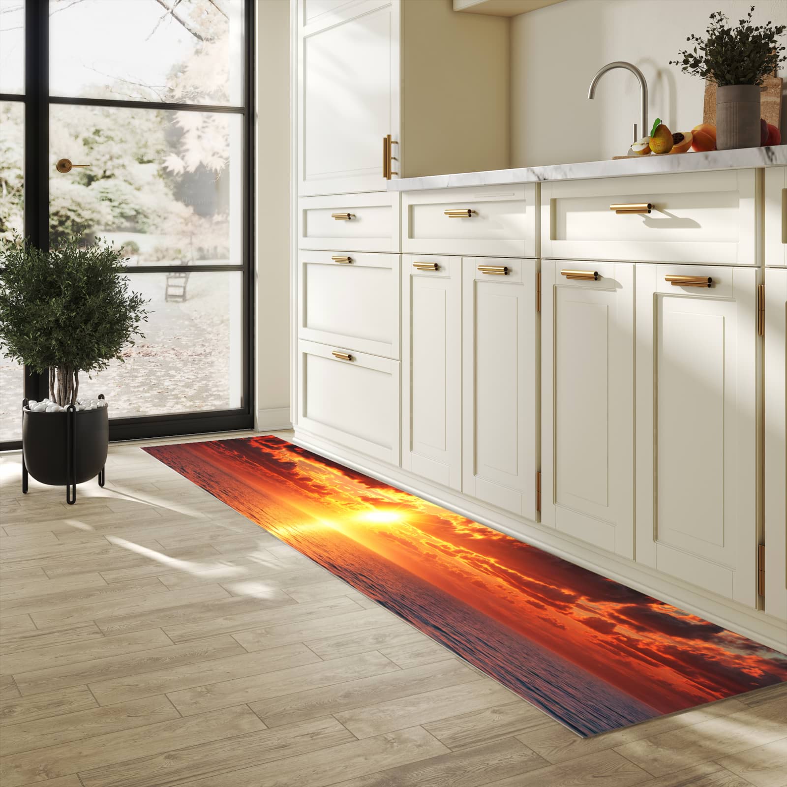 Feuchtigkeitsresistenter Küchenteppich mit Motiv Sonnenuntergang Meer in heller Küche
