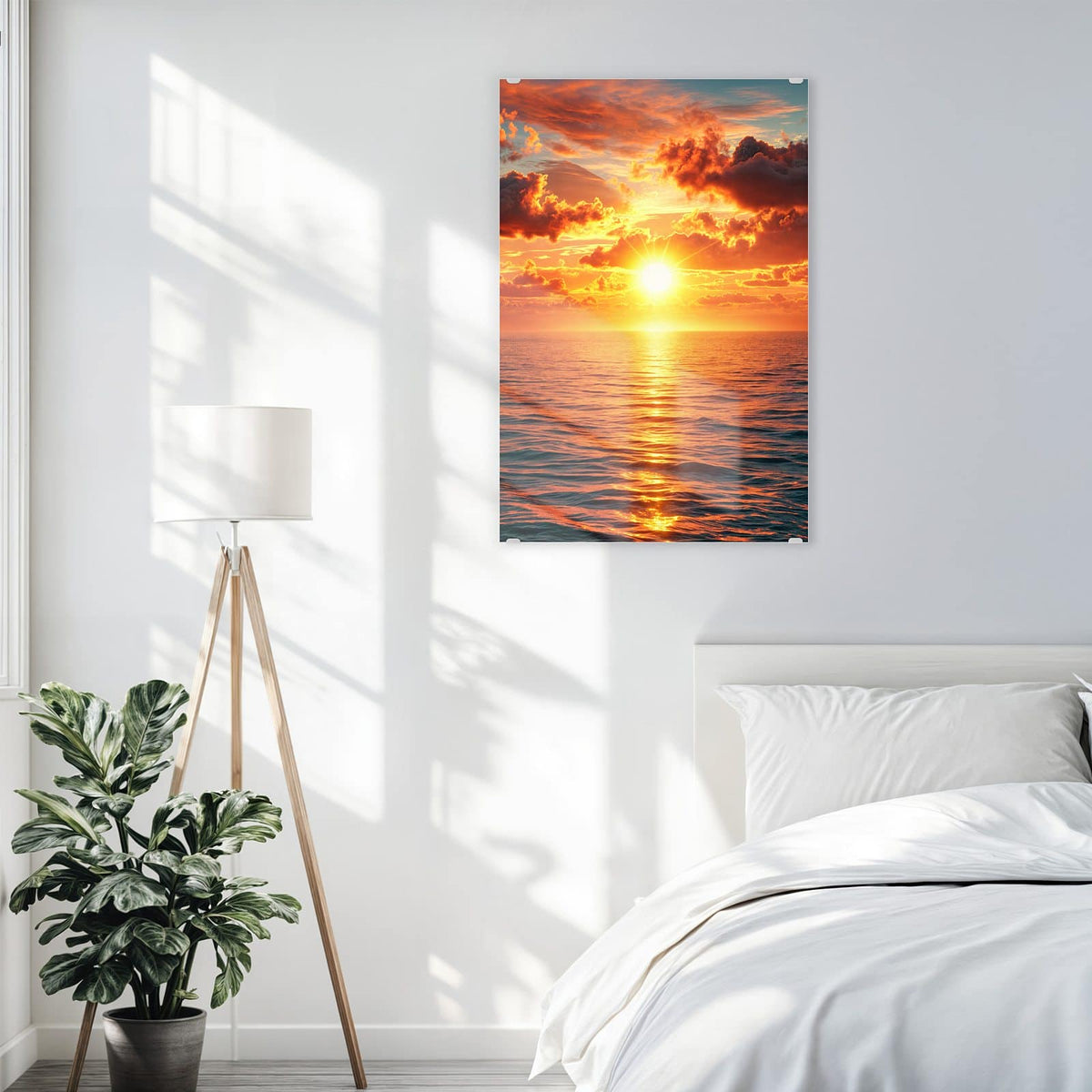 Glasbild Wolken im Abendrot an der Wand – tief stehende Sonne über dem Meer, davor dunkle, glutrot gefärbte Wolken