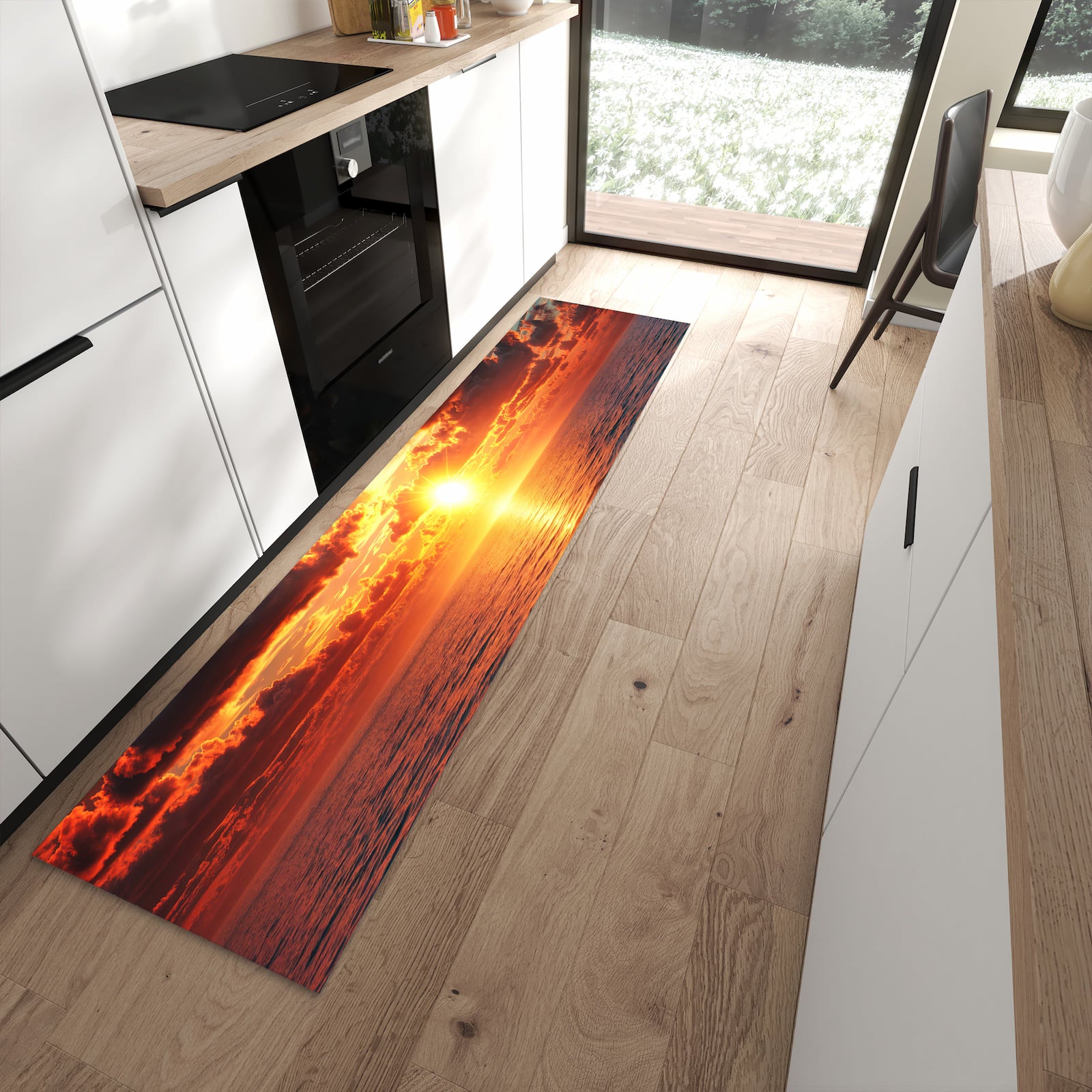 Flacher Bodenläufer mit Motiv Sonnenuntergang Meer in moderner Küche