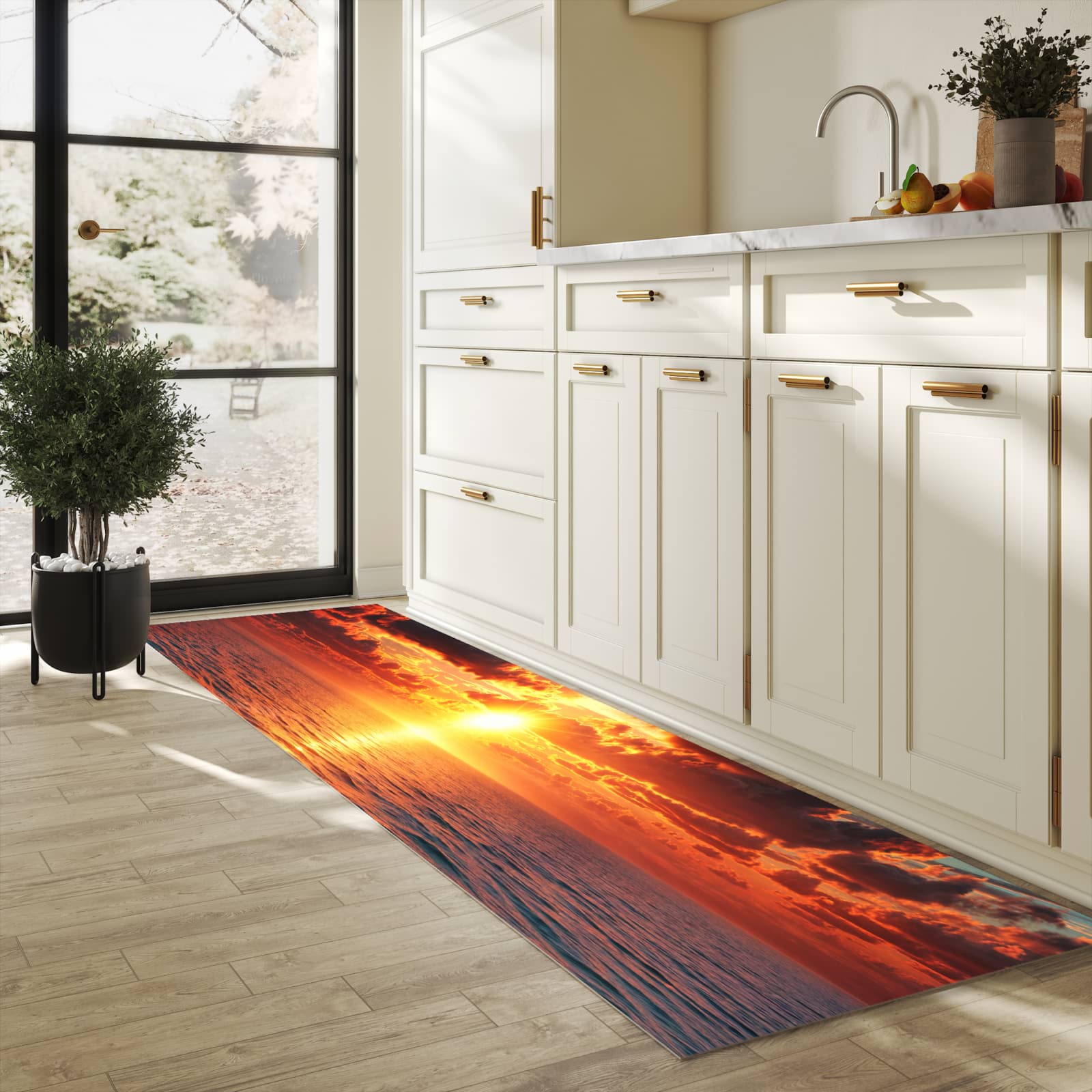 Formstabiler waschbarer Küchenteppich mit Motiv Sonnenuntergang Meer in heller Küche