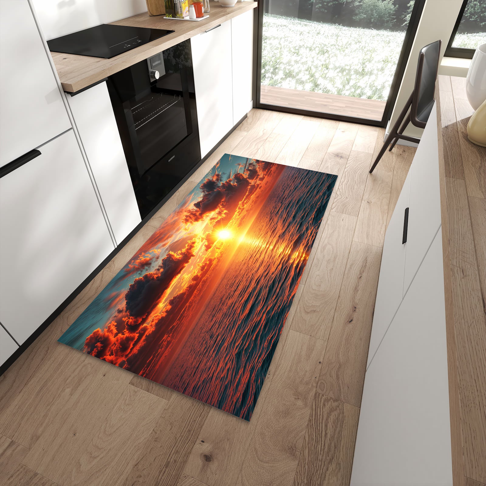 Waschbarer großer Küchenteppich mit Motiv Sonnenuntergang Meer in moderner Küche