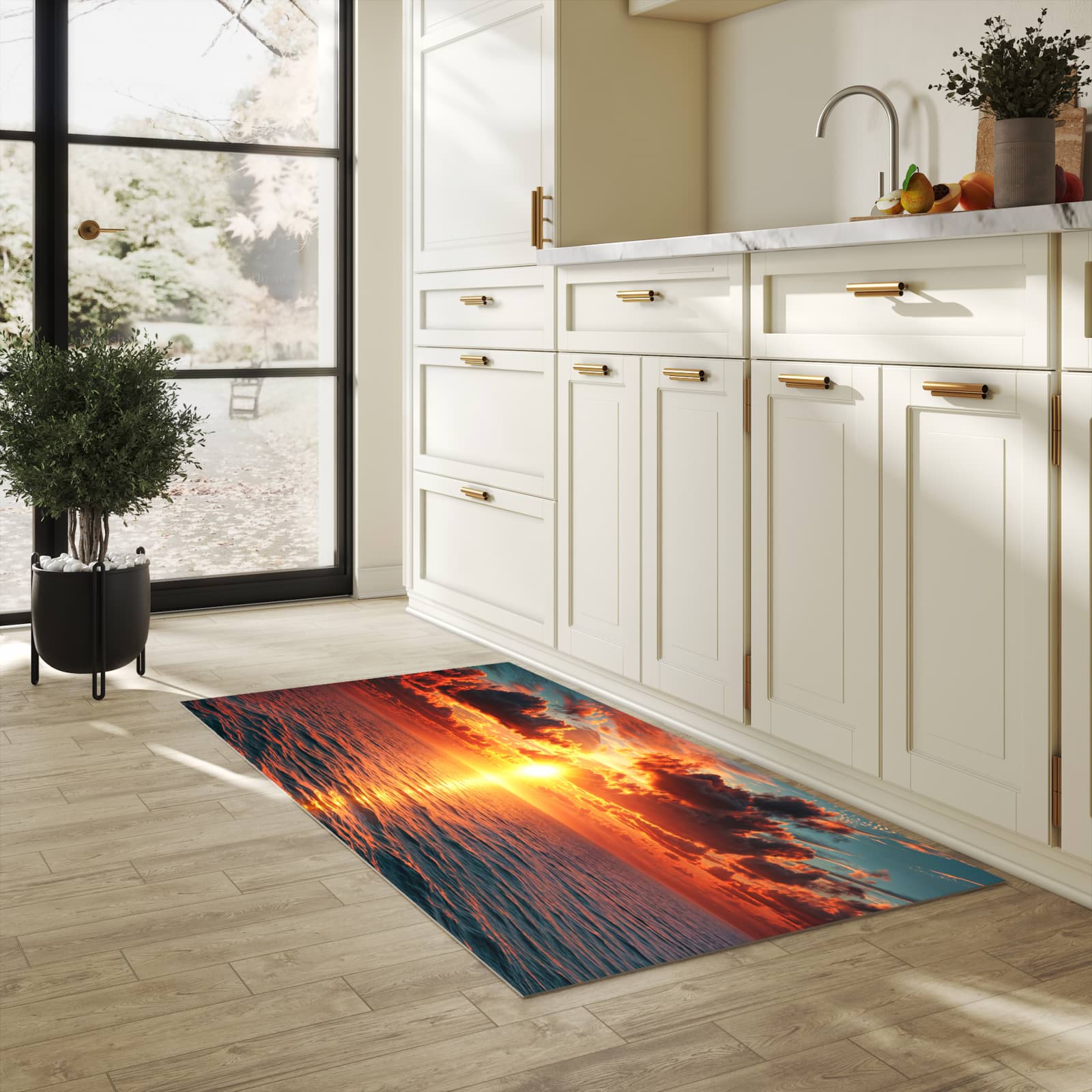 Waschbarer Küchenteppich mit Motiv Sonnenuntergang Meer in heller Küche für sichere Aufbewahrung