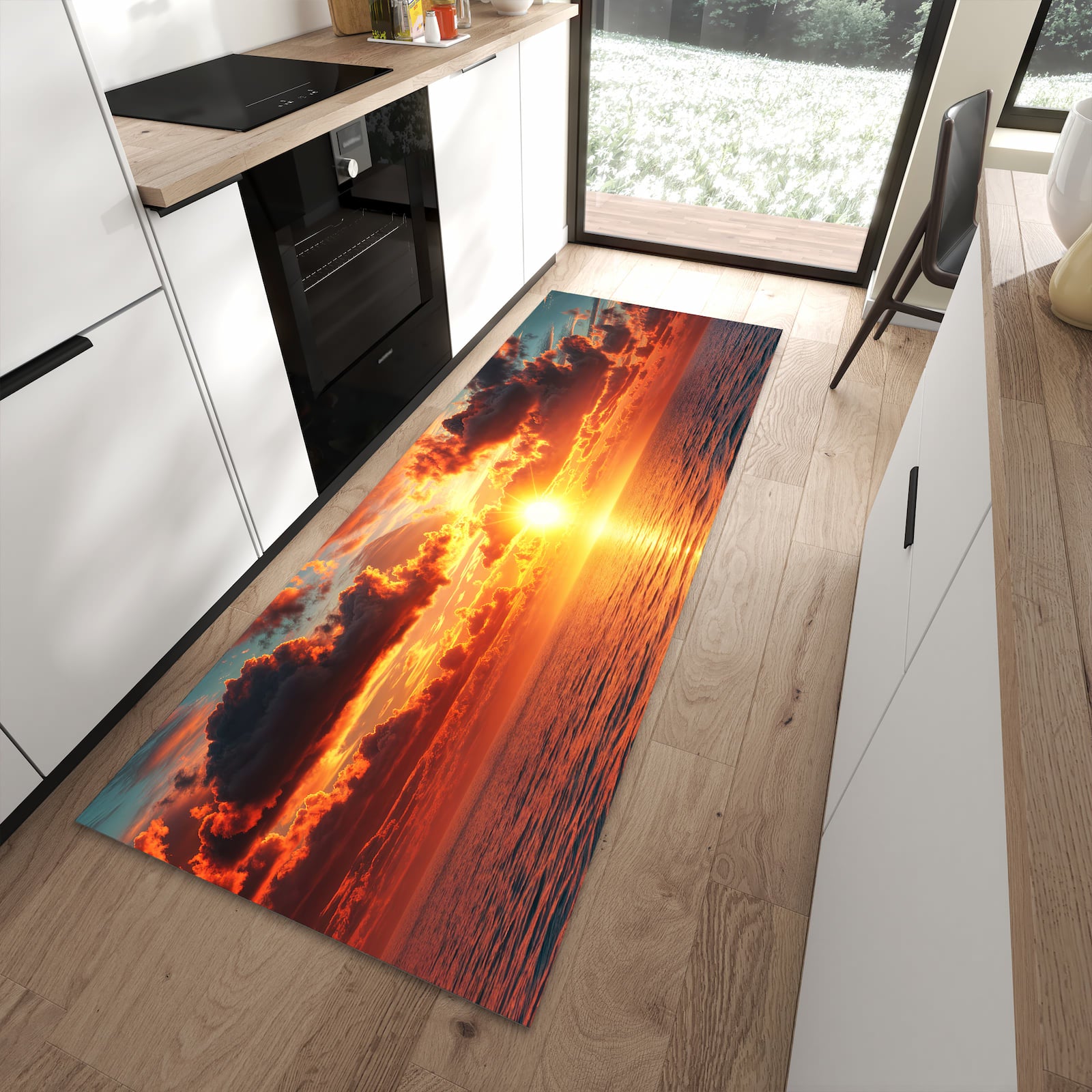 Langlebiger rutschfester Küchenteppich mit Motiv Sonnenuntergang Meer in moderner Küche