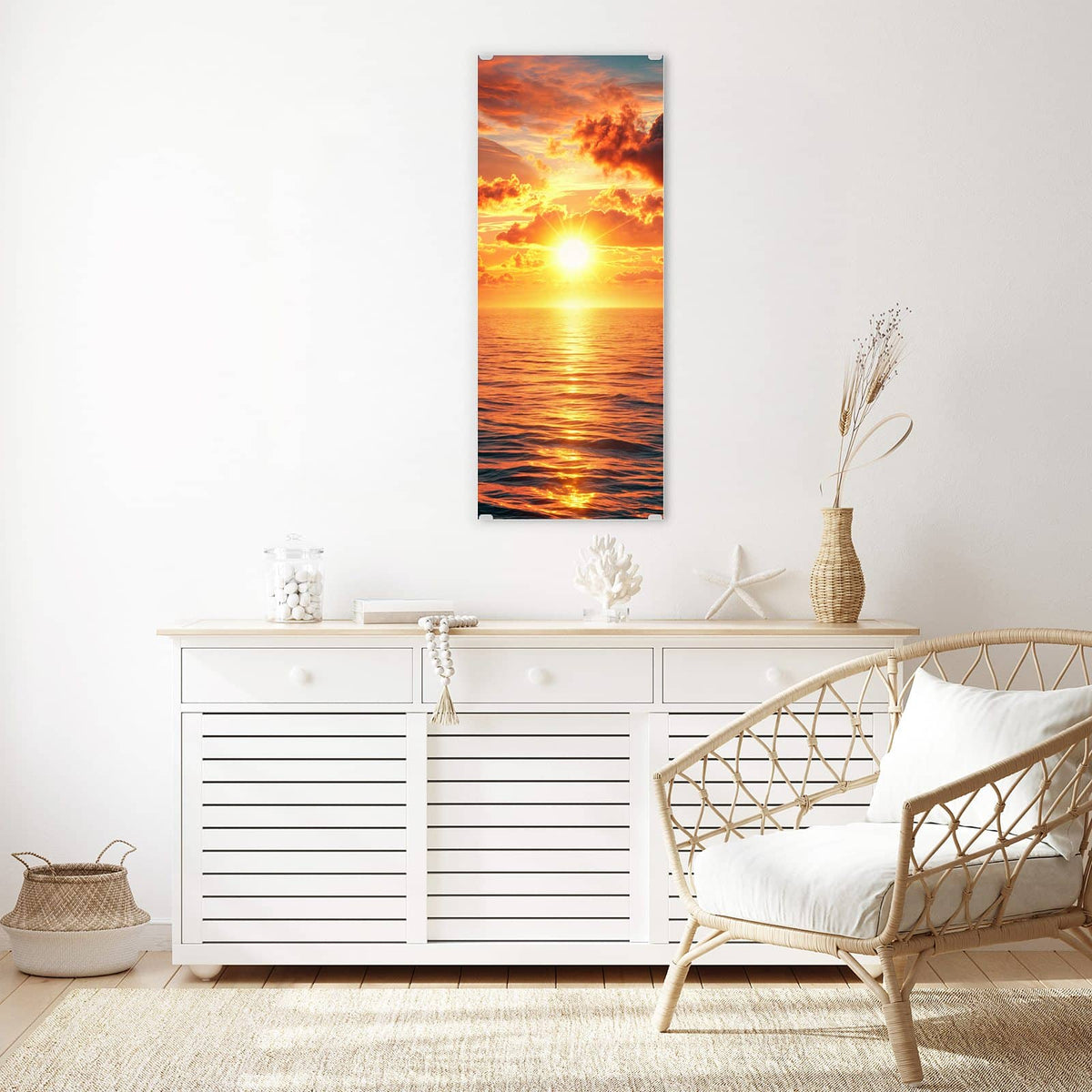 Glasbild Wolken im Abendrot an der Wand – tief stehende Sonne über dem Meer, davor dunkle, glutrot gefärbte Wolken