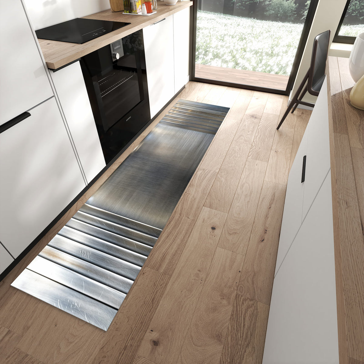 UV-beständiger dünner Teppich mit Motiv Metallrahmen in moderner Küche