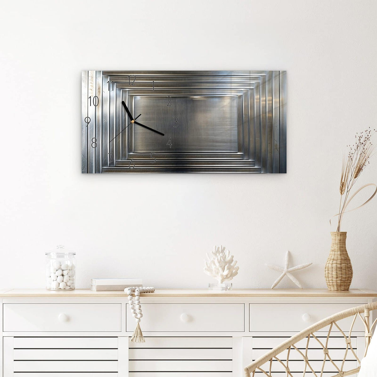 Wanduhr Metallrahmen aus Glas – Querformat 60 × 30 cm – Konzentrische Rechtecke aus Metall