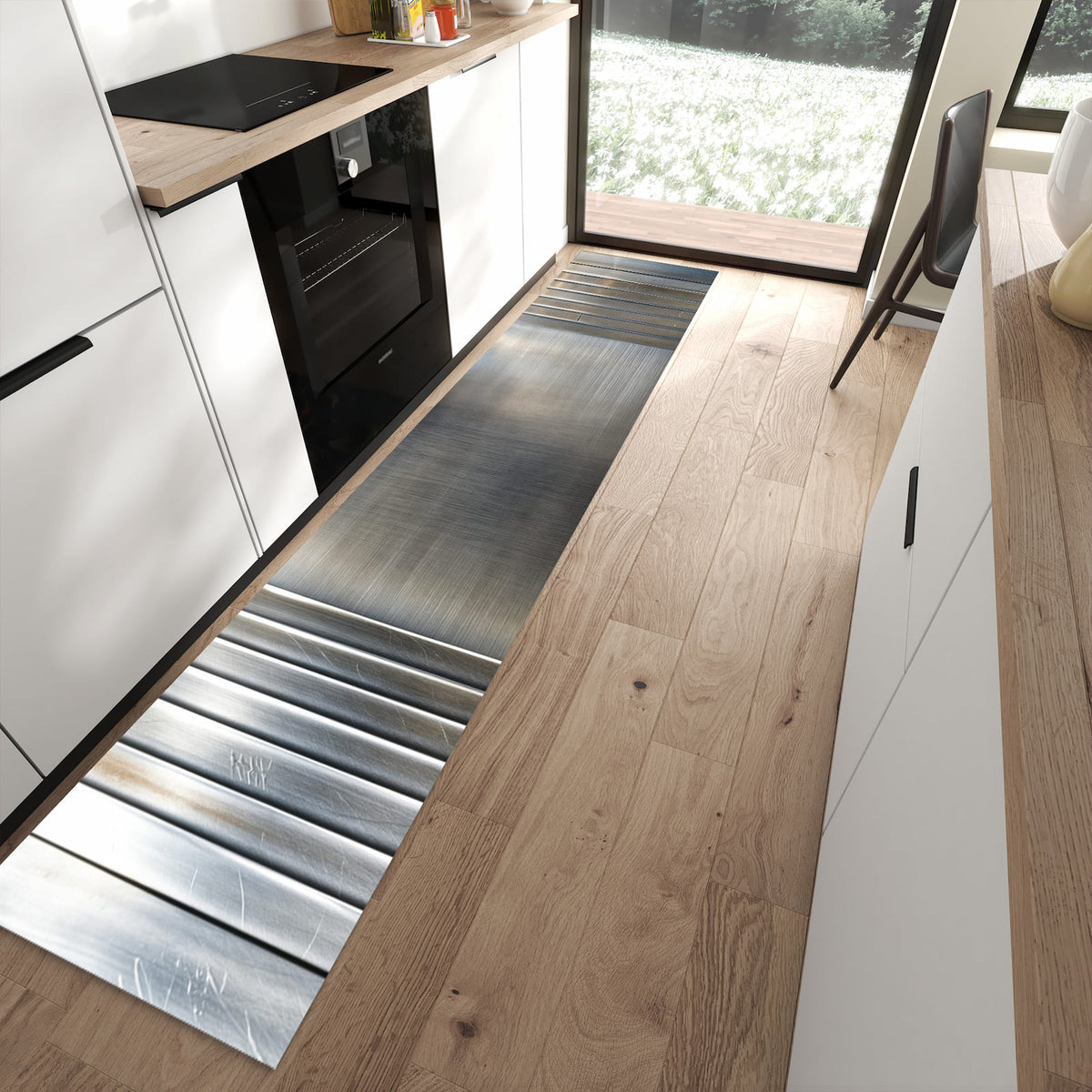 Waschbarer dünner Küchenteppich mit Motiv Metallrahmen in moderner Küche