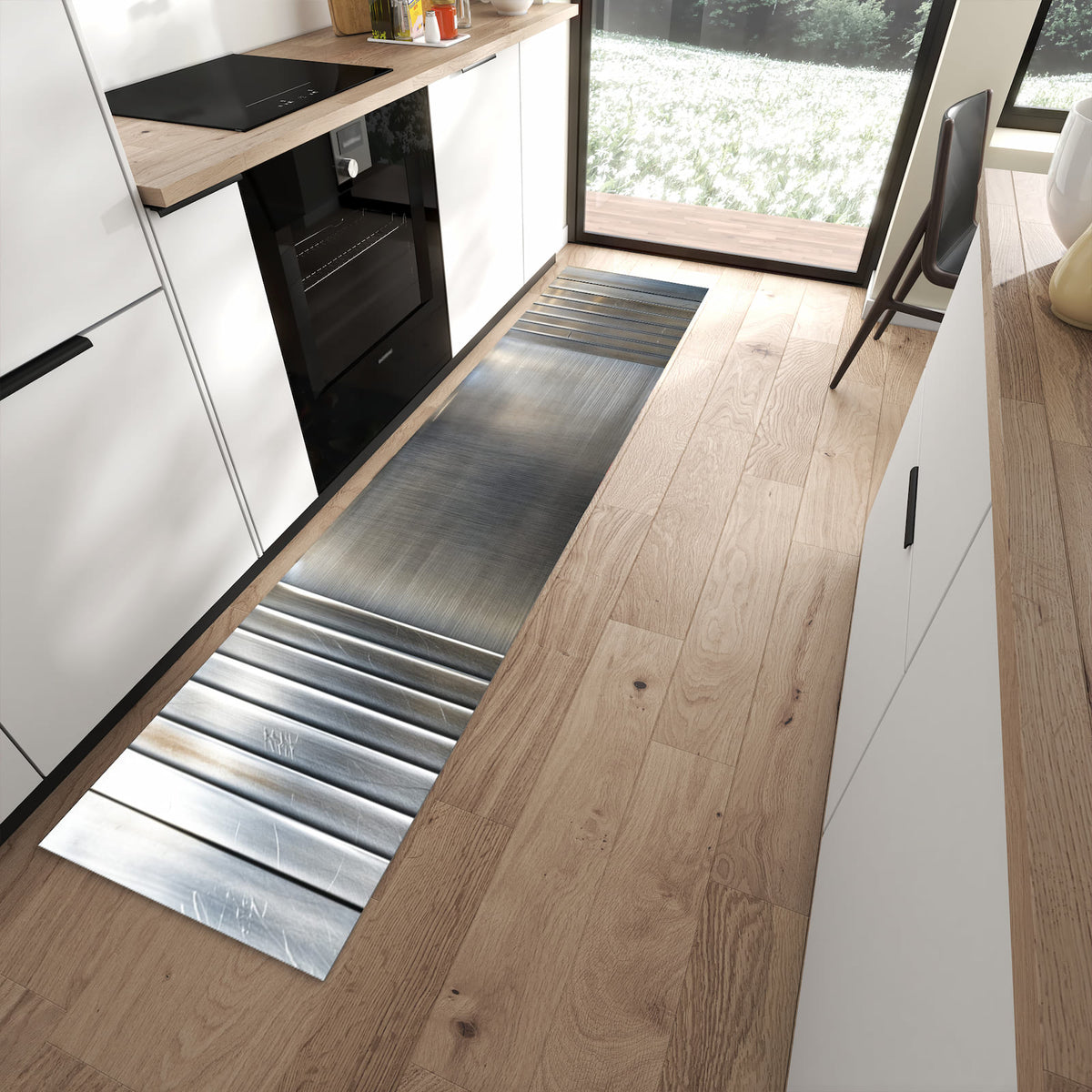 Rutschfester Küchenteppich mit Motiv Metallrahmen für Trittkomfort in moderner Küche