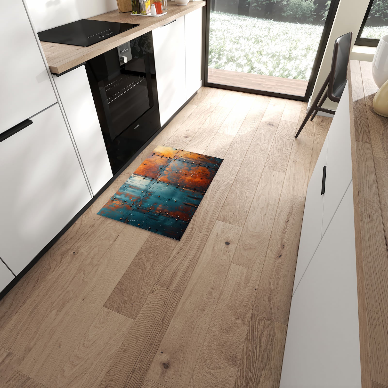 Pflegeleichter Küchenteppich mit Motiv Industriedesign in moderner Küche