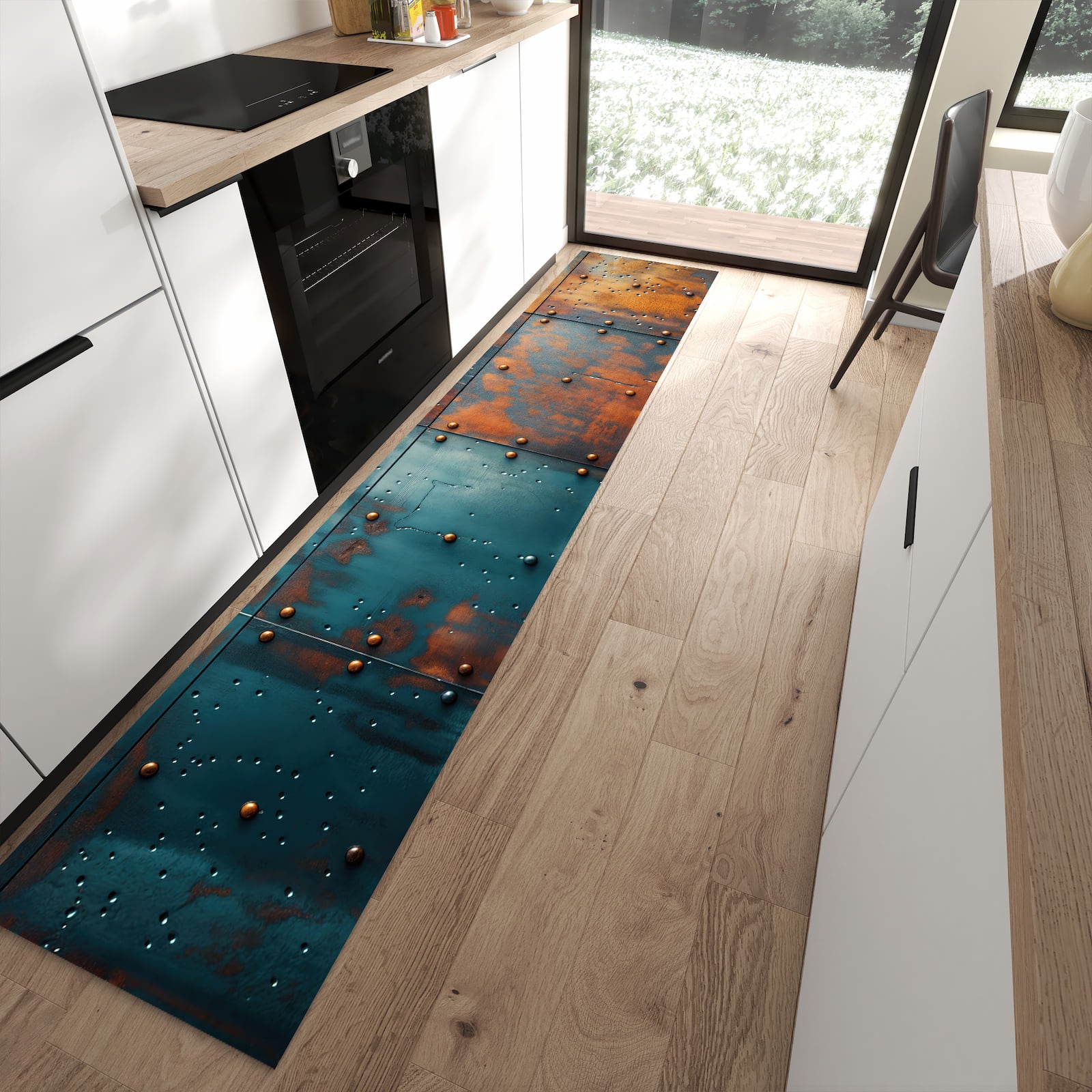 Flacher Küchenteppich mit Motiv Industriedesign in moderner Küche - waschbar
