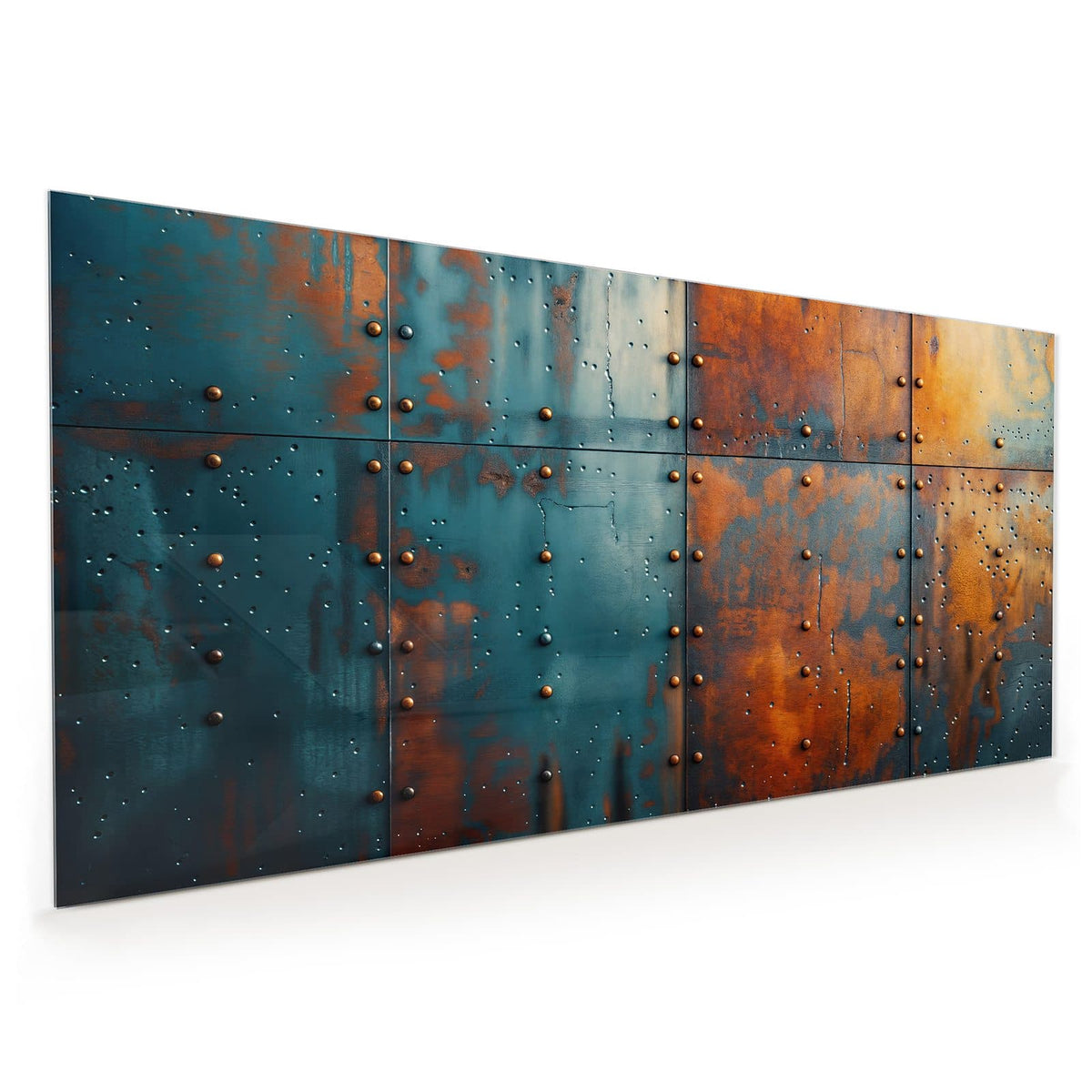 Küchenrückwand aus Glas im Hochformat mit Motiv Genietetes Blech: Vier genietete Metallplatten in Blaugrün und Rost