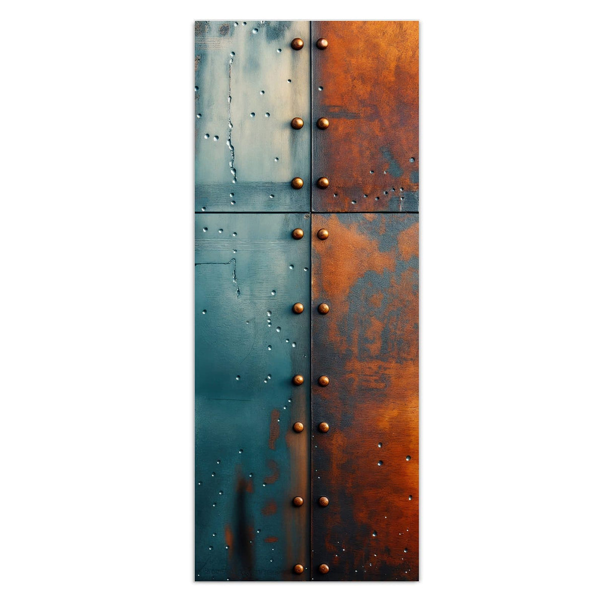 Wandbild - Genietetes Blech - Hochformat – Genietete Metallplatten in Blau und Rost