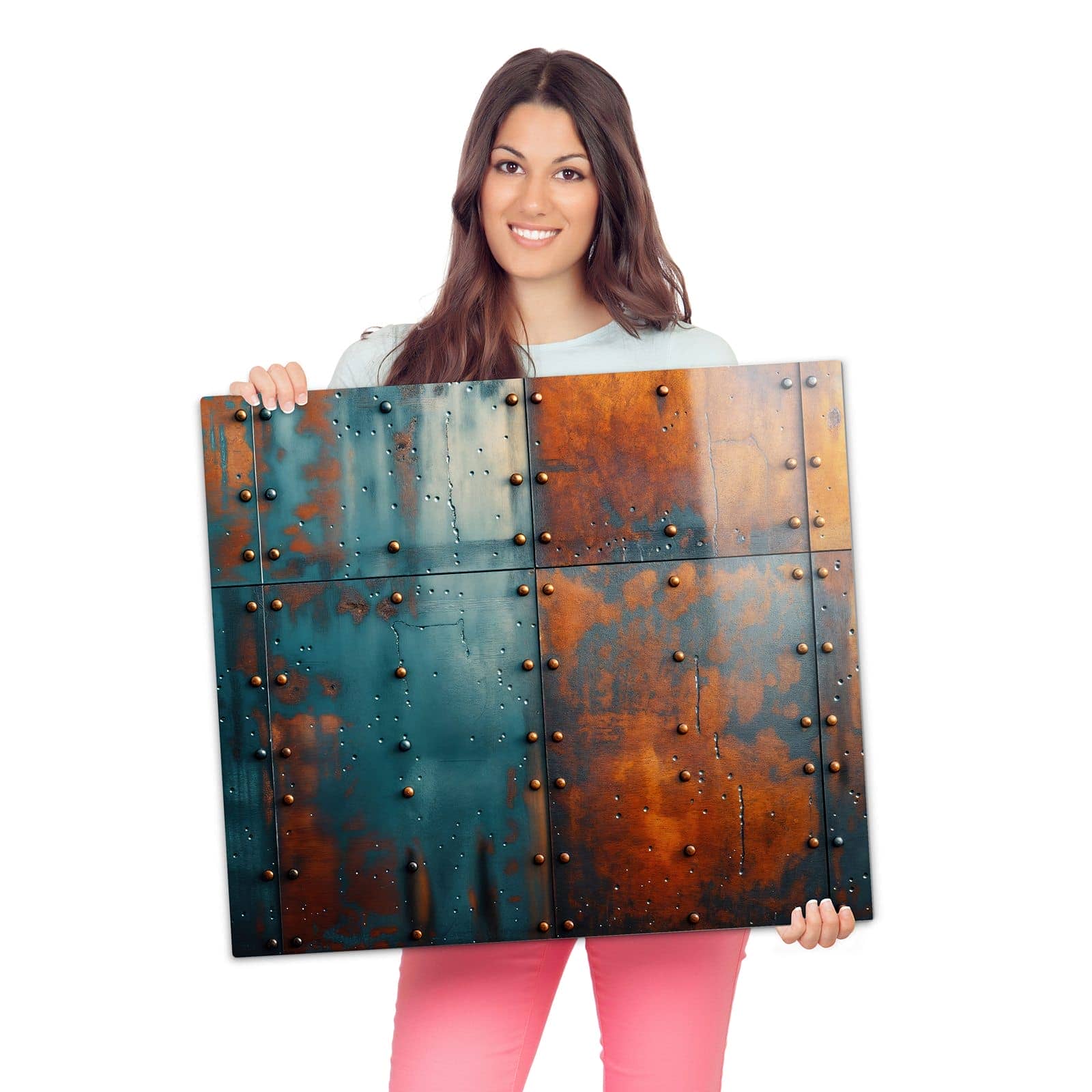 Abdeckplatte für Induktionsherd mit Industriedesign-Motiv wird zur Größendarstellung gehalten