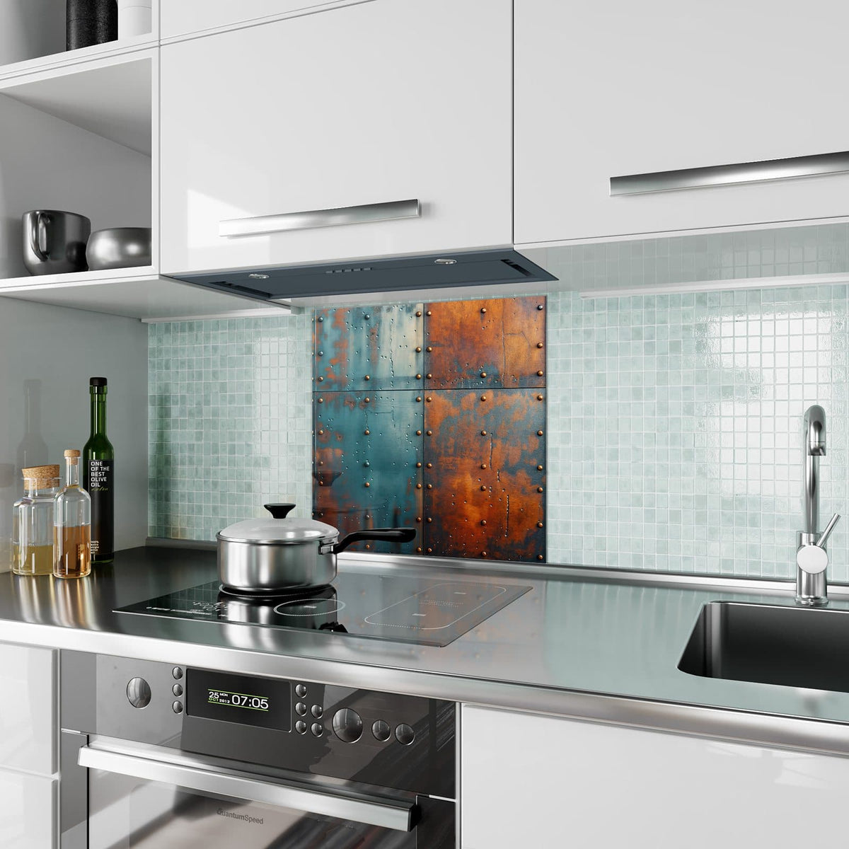 Küchenrückwand Genietetes Blech aus Glas – Genietete Metallplatten in Blau und Rost
