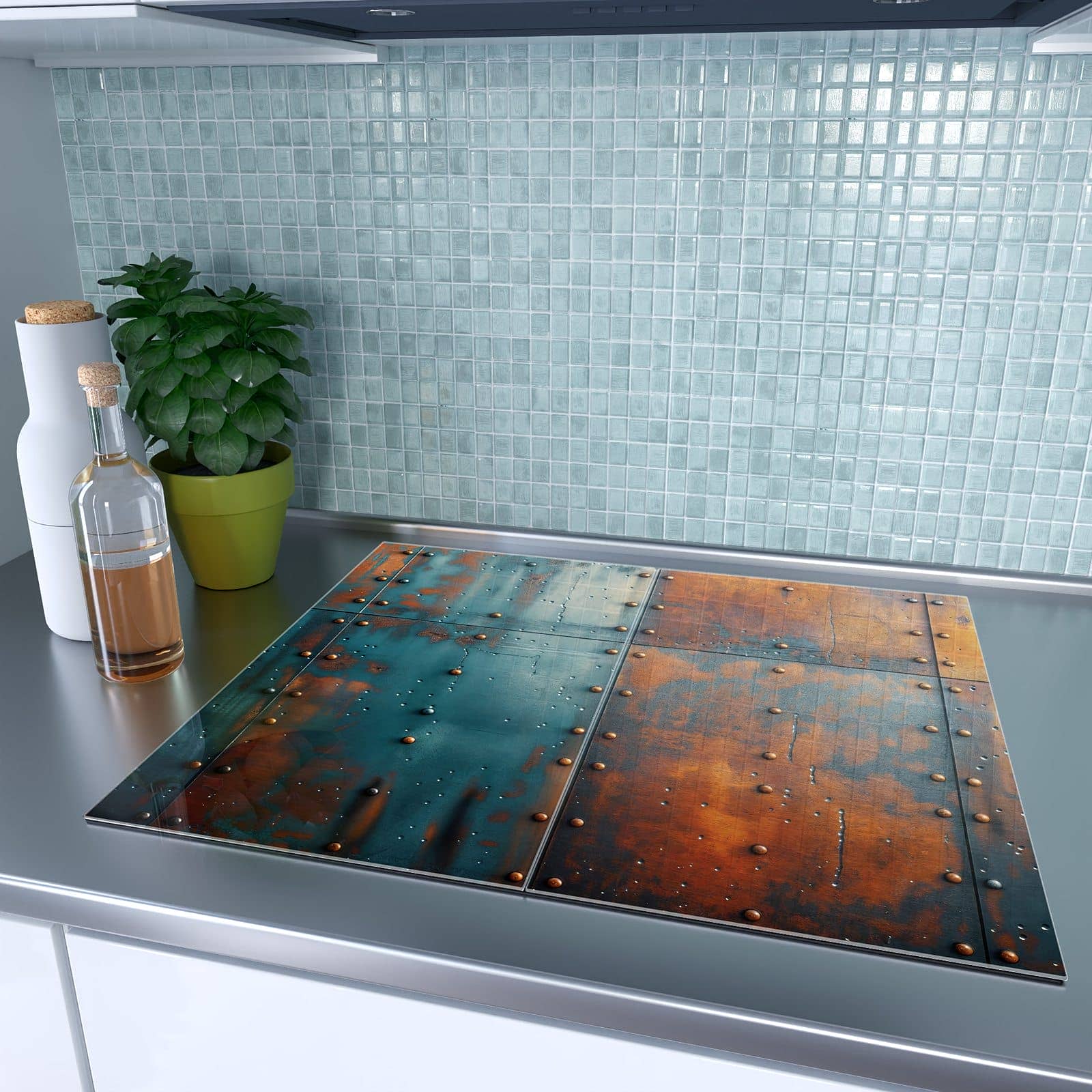 2-teilige Herdabdeckplatte mit Industriedesign-Motiv auf dem Ceranfeld