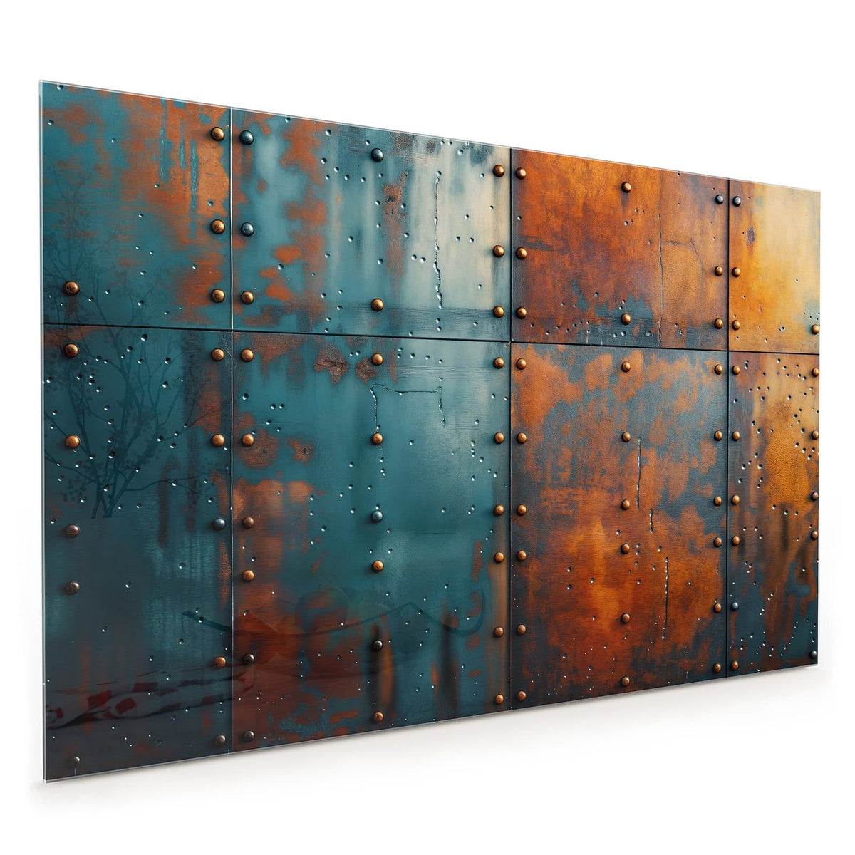Küchenrückwand aus Glas im Hochformat mit Motiv Genietetes Blech: Vier genietete Metallplatten in Blaugrün und Rost