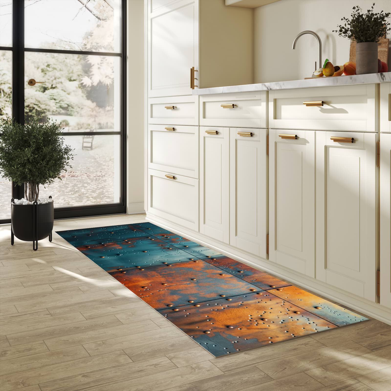 Langlebiger Teppichläufer mit Motiv Industriedesign in heller Küche