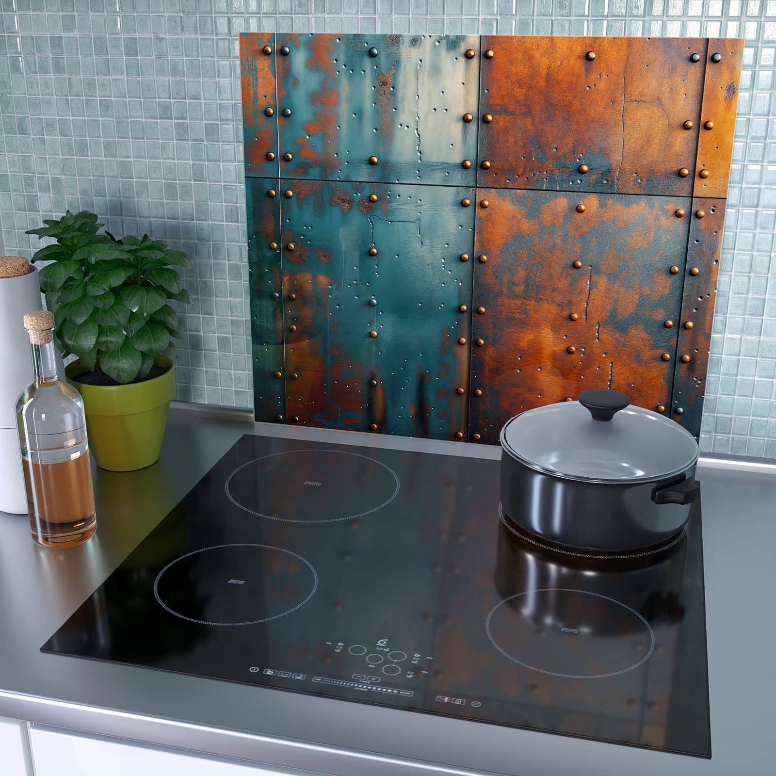 1-teilige Herdabdeckplatte mit Industriedesign-Motiv als Spritzschutz hinter dem Kochfeld