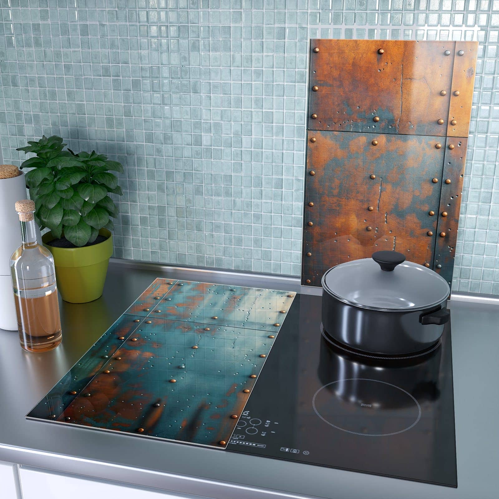 2-teilige Herdabdeckung aus Glas mit Industriedesign-Motiv als Spritzschutz hinter dem Kochfeld