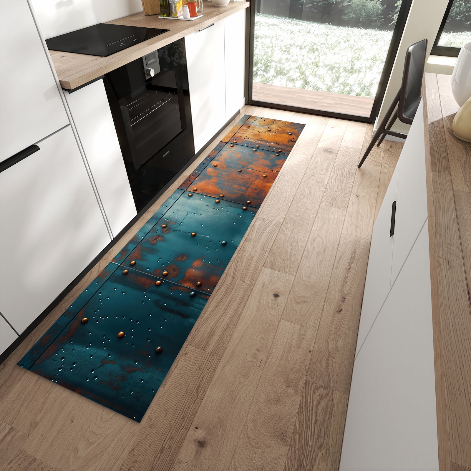 Langlebiger Küchenteppich mit Motiv Industriedesign in moderner Küche