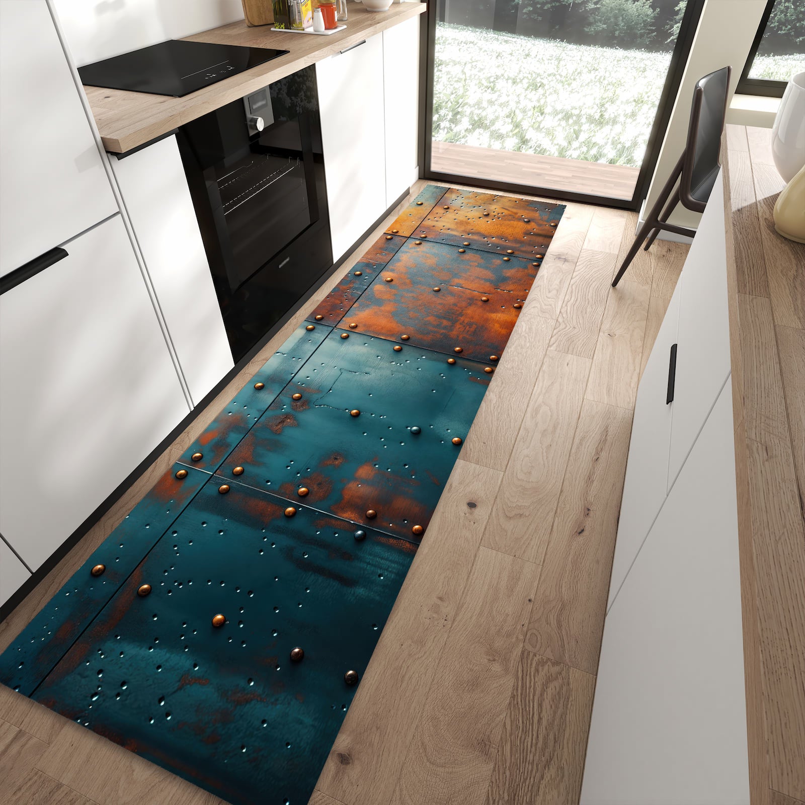 Küchenteppich mit Motiv Industriedesign für angenehmes Stehen in moderner Küche