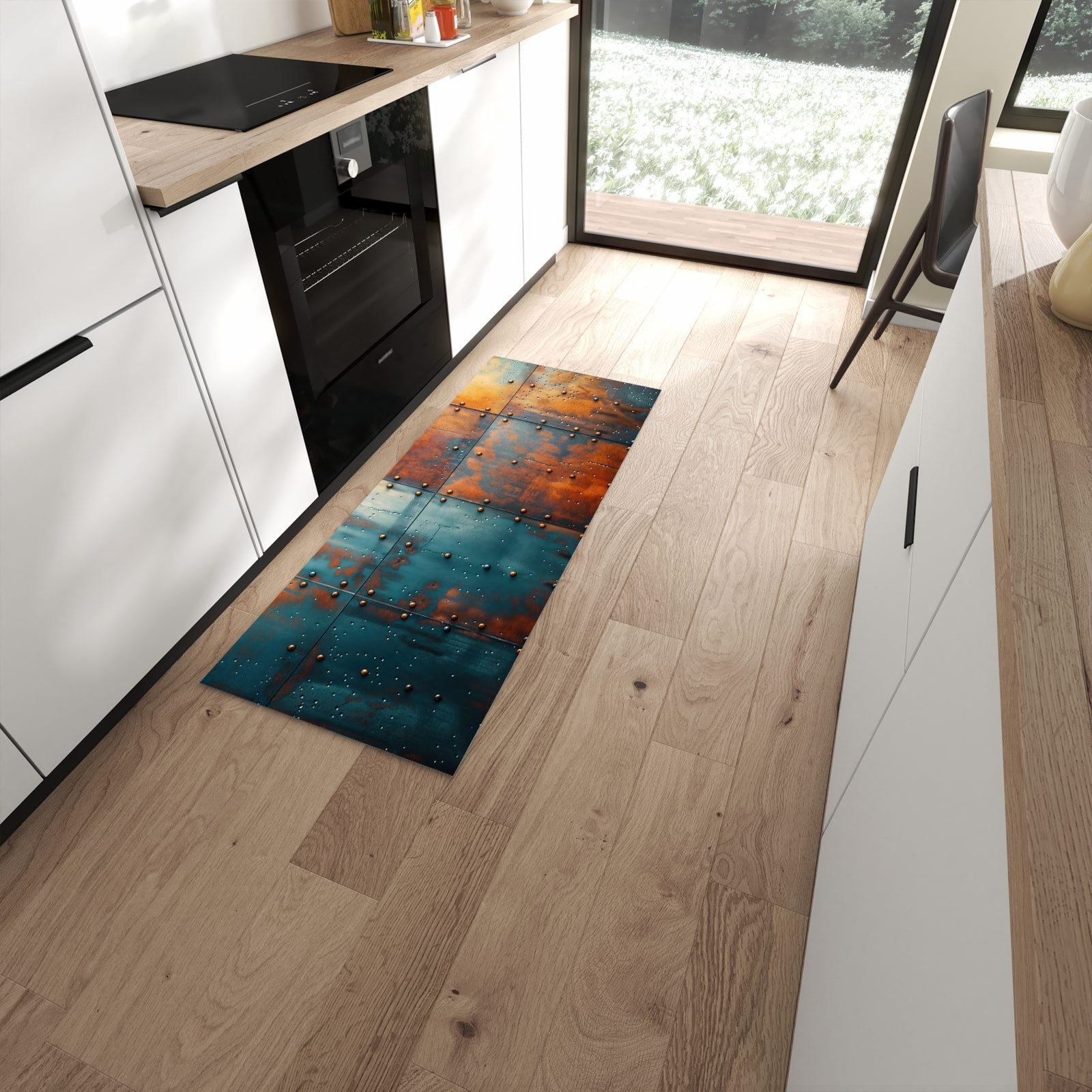 Fleckenresistenter rutschfester Küchenteppich mit Motiv Industriedesign in moderner Küche
