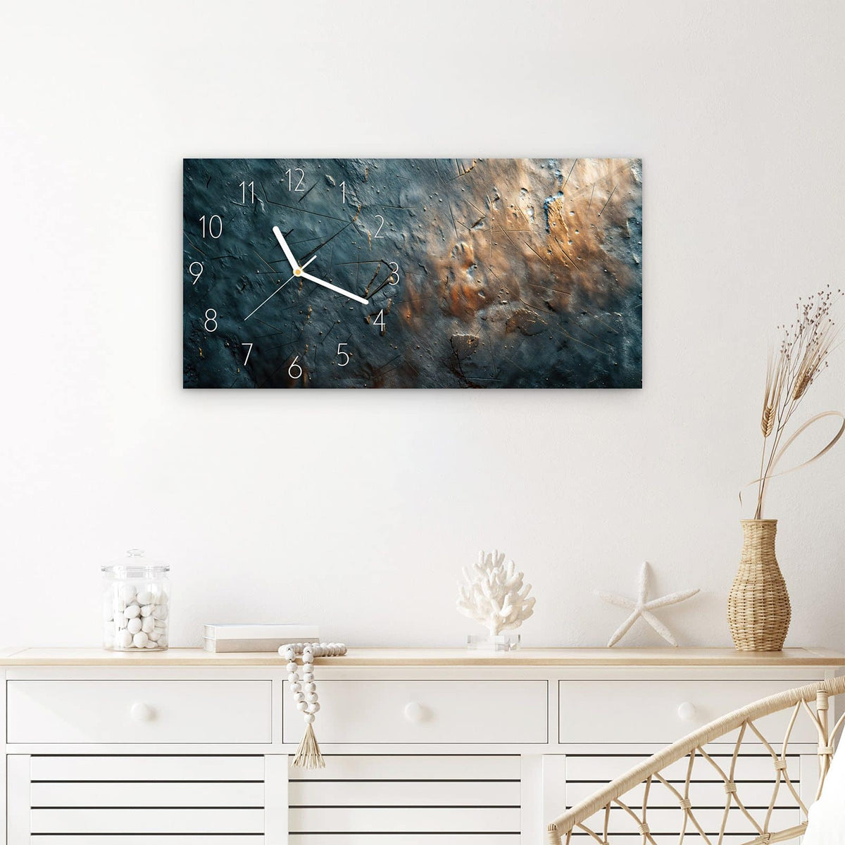 Wanduhr Metallische Oberfläche aus Glas – Querformat 60 × 30 cm – Zerkratzte Fläche in Blau und Braun