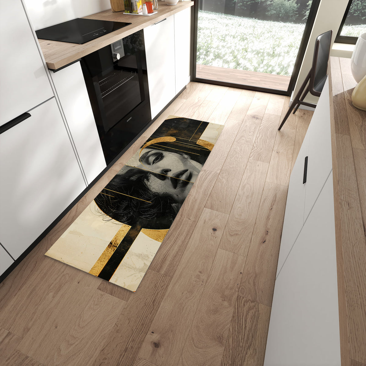 Langlebiger Küchenteppich mit Motiv Künstlerisches Porträt in moderner Küche