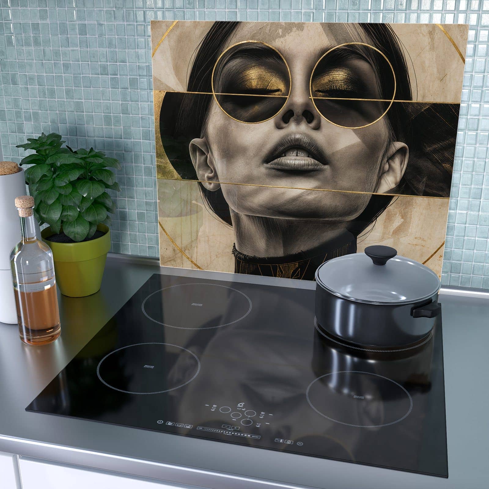 1-teilige Abdeckung für Herdplatten mit Abstrakte Sonnenbrille-Motiv als Spritzschutz hinter dem Kochfeld