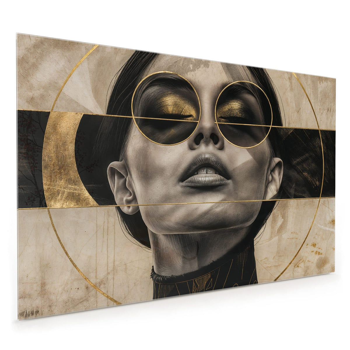 Küchenrückwand aus Glas im Hochformat mit Motiv Porträt mit Goldbrille
