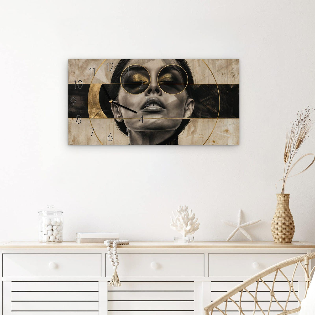 Wanduhr Abstrakte Sonnenbrille aus Glas – Querformat 60 × 30 cm – Stilisiertes Gesicht mit runden Gläsern