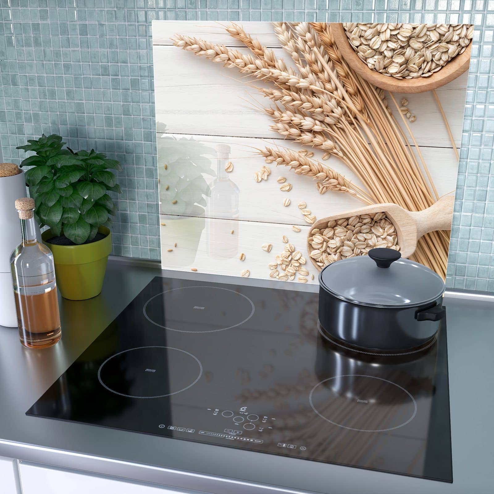 1-teilige Herdabdeckplatte mit Weizenoer Selektion-Motiv als Spritzschutz hinter dem Kochfeld