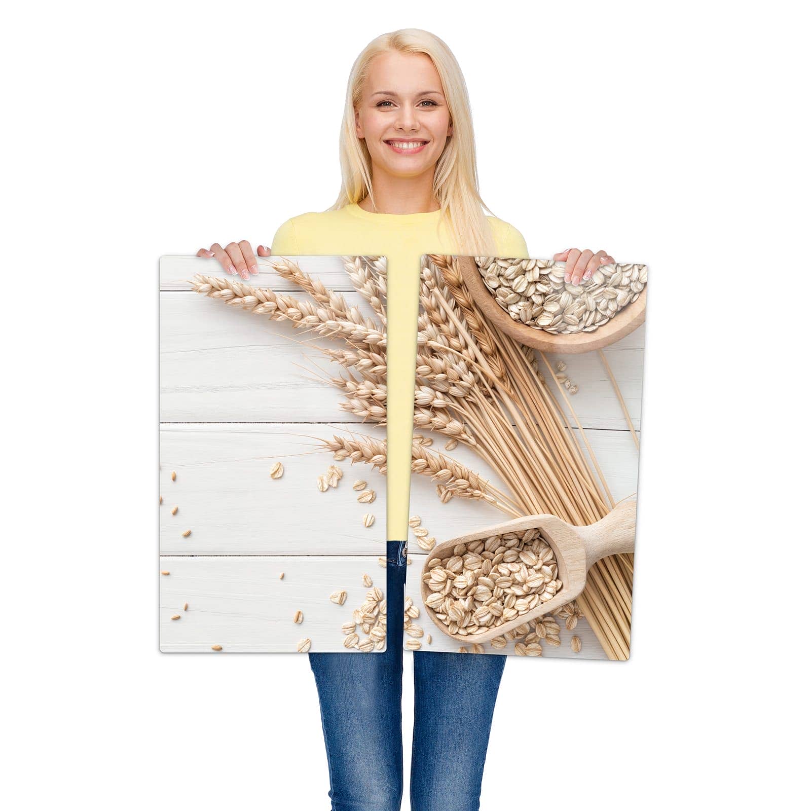 2-teilige Abdeckplatten mit Weizenoer Selektion-Motiv werden zur Größendarstellung gehalten