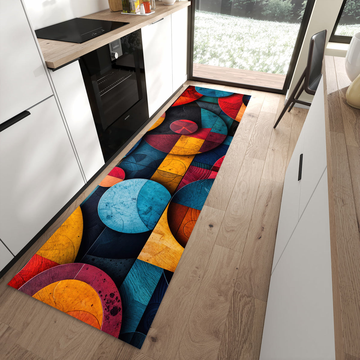 Waschbarer dünner Küchenteppich mit Motiv Bunte Kreise in moderner Küche