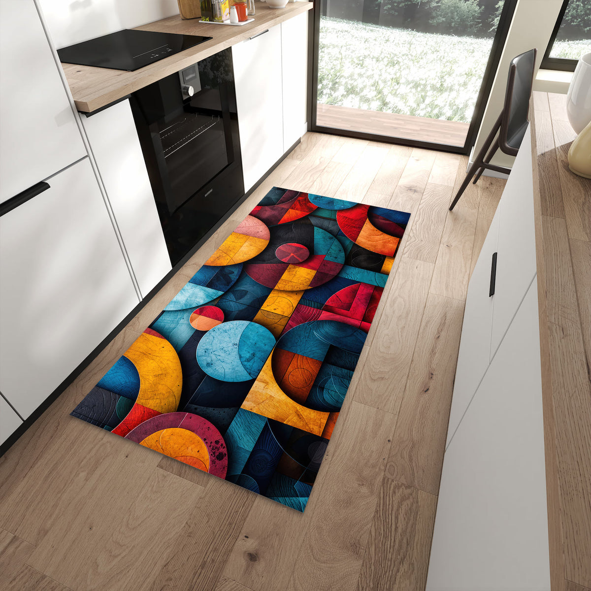 Schmutzabweisender Teppich für Esstisch mit Motiv Bunte Kreise in moderner Küche