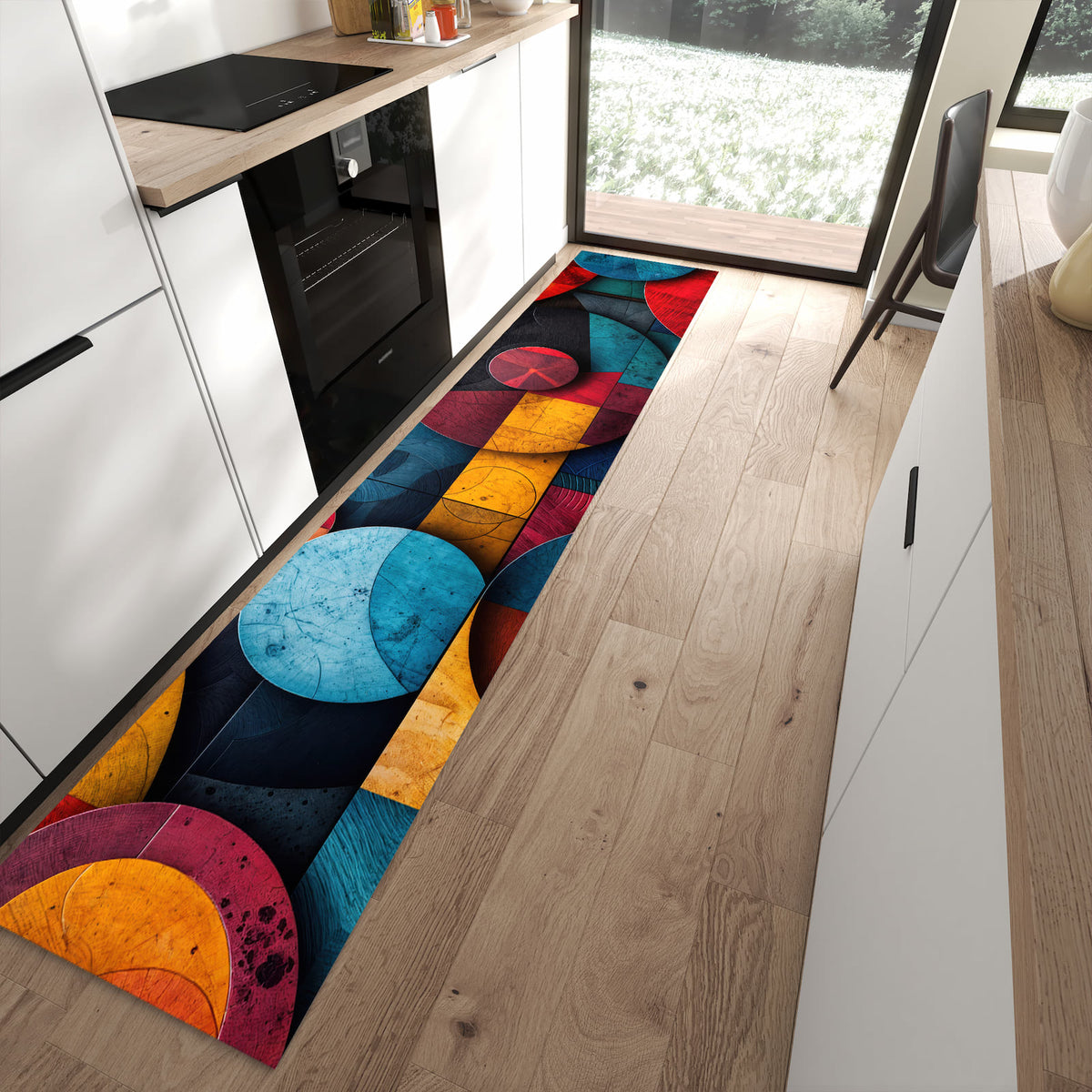 Geräuschdämpfender Läufer mit Motiv Bunte Kreise für Eingangsbereich in moderner Küche