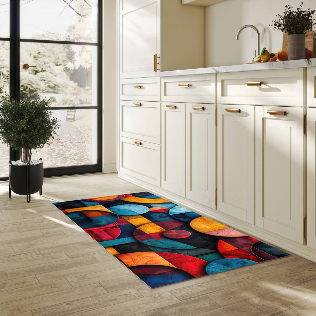 Bodenschonender Küchenteppich mit Motiv Bunte Kreise in heller Küche