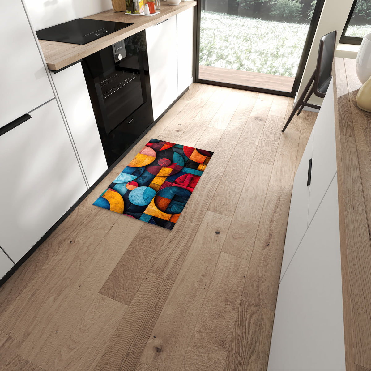 Abriebfester rutschfester Läufer mit Motiv Bunte Kreise in moderner Küche
