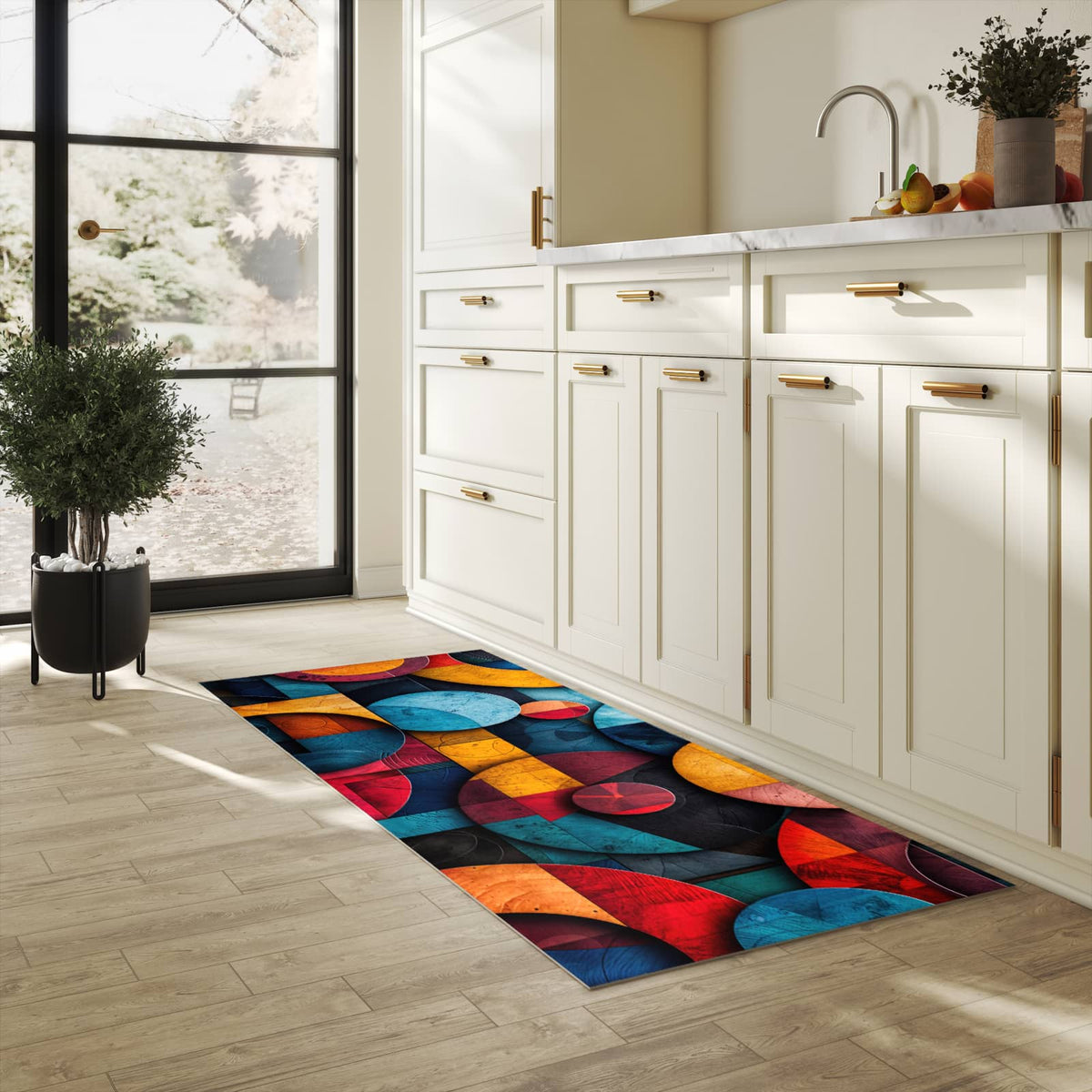 Waschbarer Küchenteppich mit Motiv Bunte Kreise in heller Küche