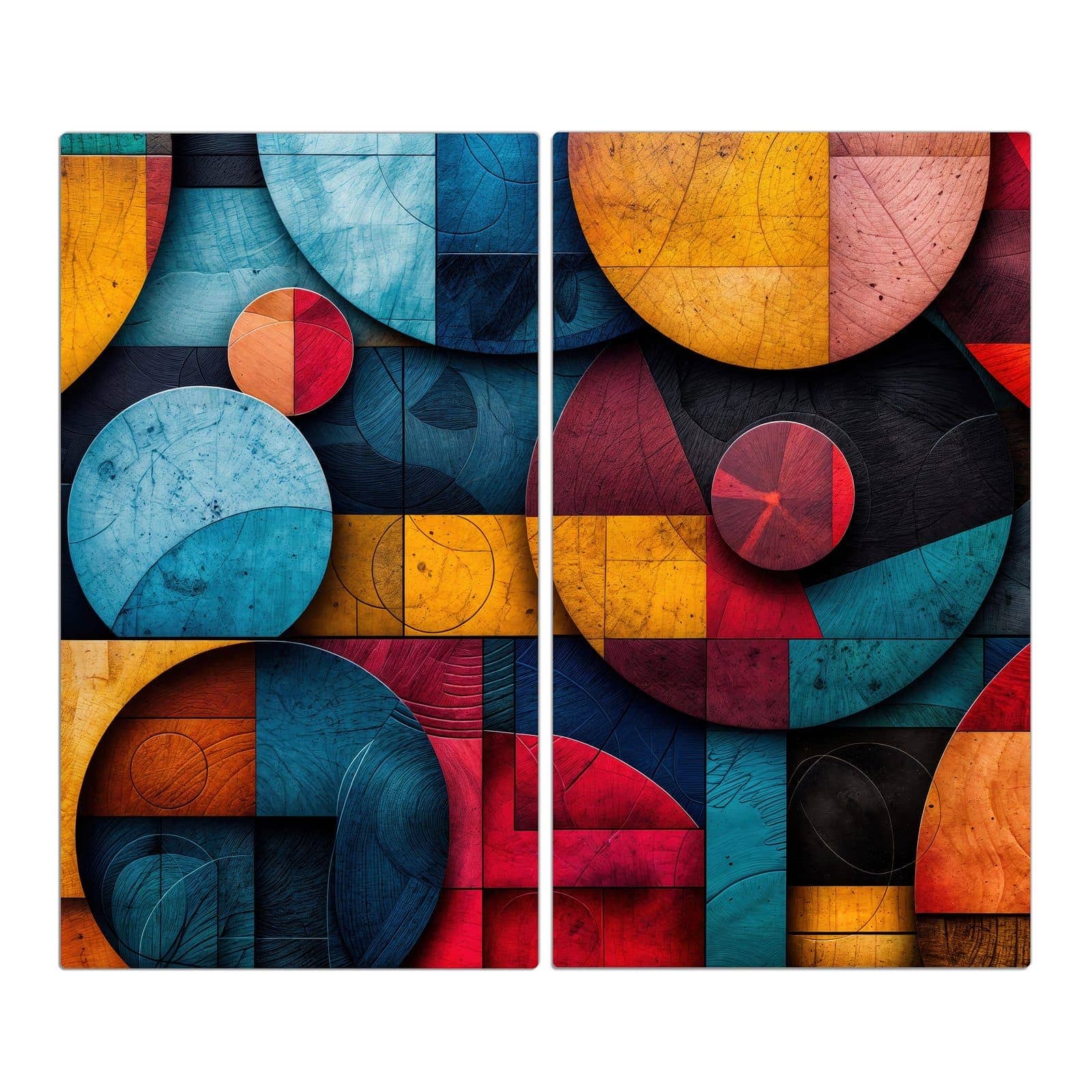 2-teilige Herdabdeckung aus Holz mit Bunte Kreise-Motiv in der Frontansicht #grösse_2-Teilig (60x52cm)