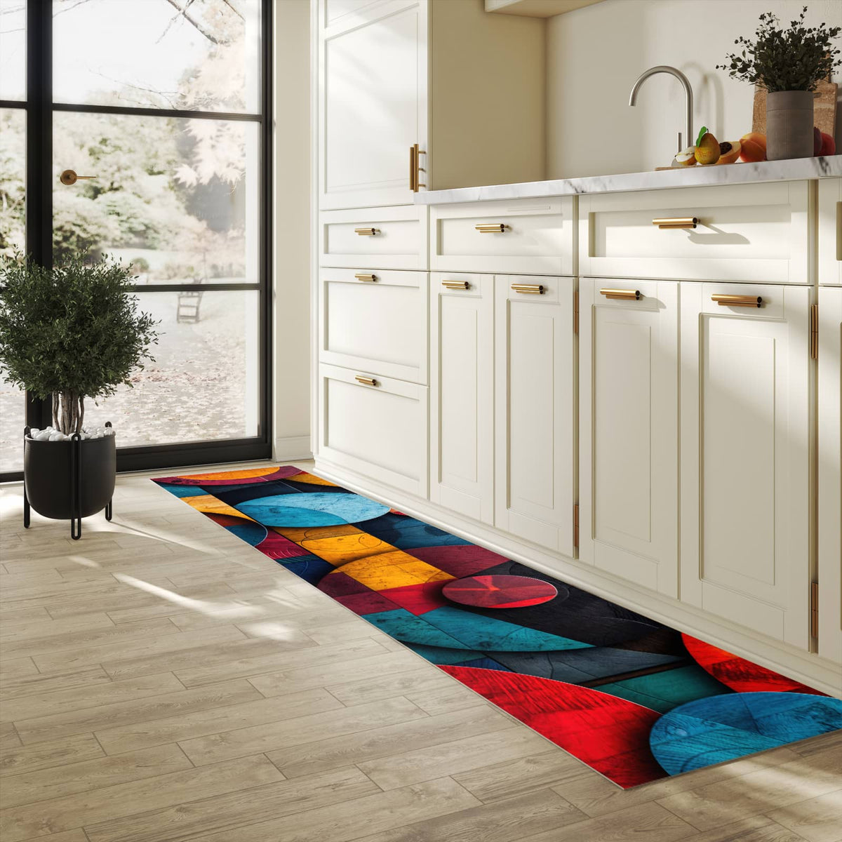 Hygienischer Küchenteppich mit Motiv Bunte Kreise in heller Küche