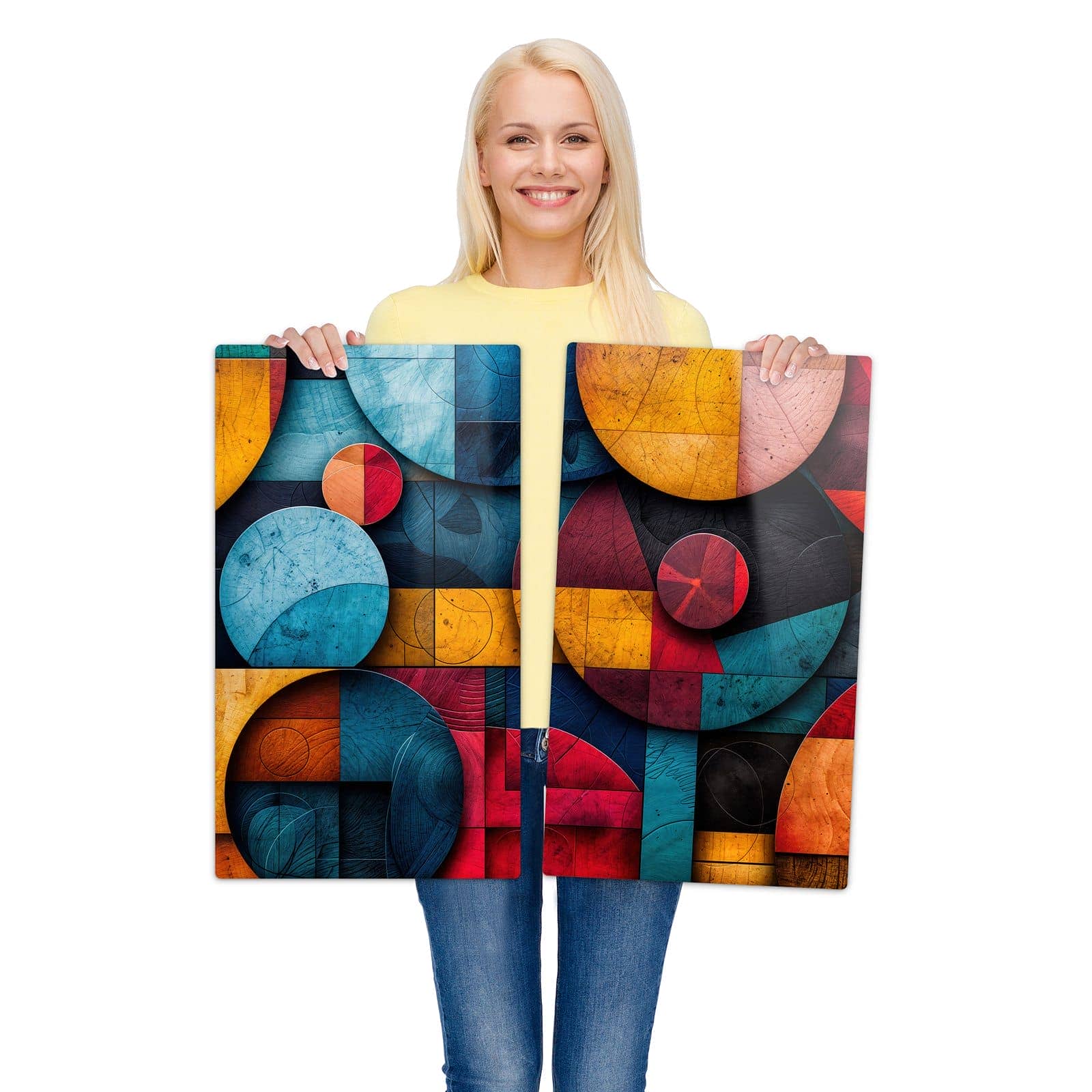 2-teilige Herdabdeckung aus Glas mit Bunte Kreise-Motiv wird zur Größendarstellung gehalten