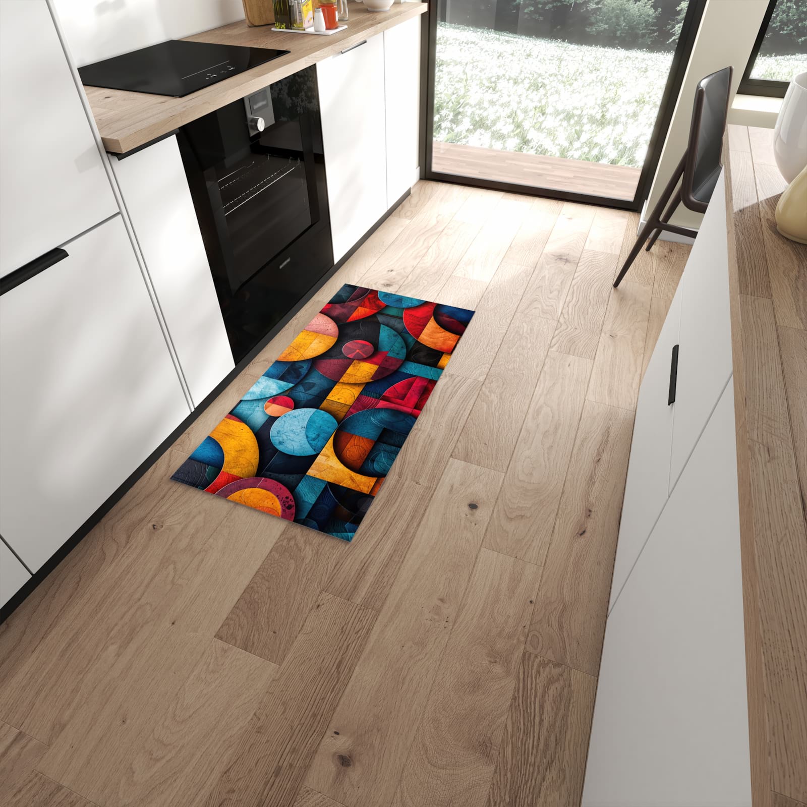 Bodenschonender Küchenläufer mit Motiv Bunte Kreise in moderner Küche #grösse_60 x 120 cm