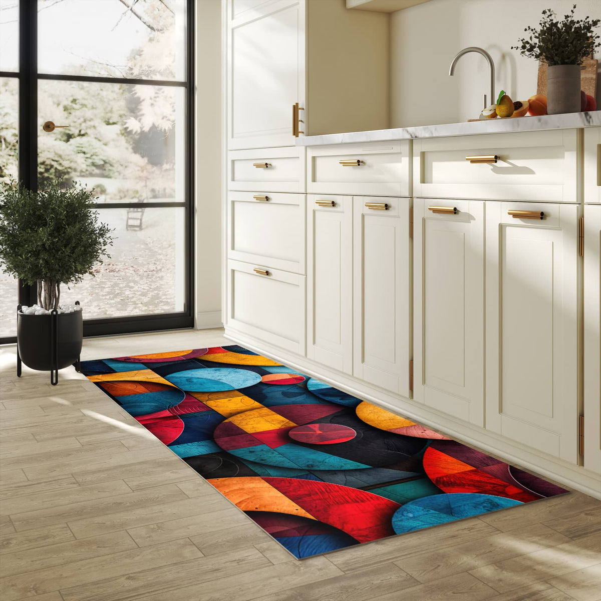 Läufer für die Küche mit Motiv Bunte Kreise in heller Küche für Ordnung