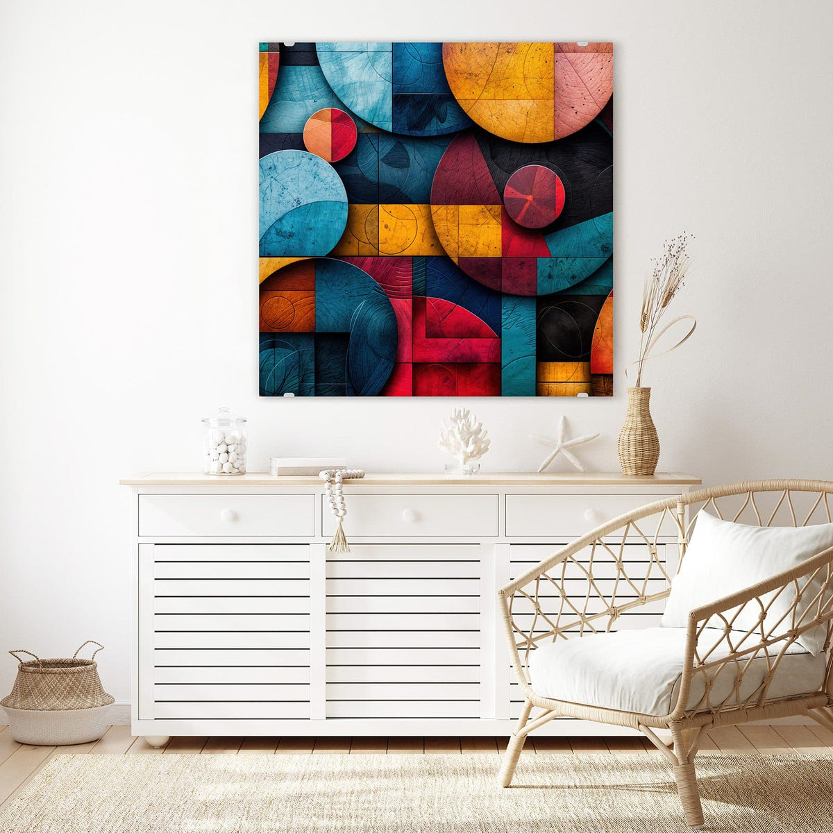 Glasbild Formen im Bauhaus-Stil an der Wand – Kreise, Viertelkreise und Rechtecke in Petrol, Gelb, Rot und Dunkelblau, klar im Bauhaus-Stil