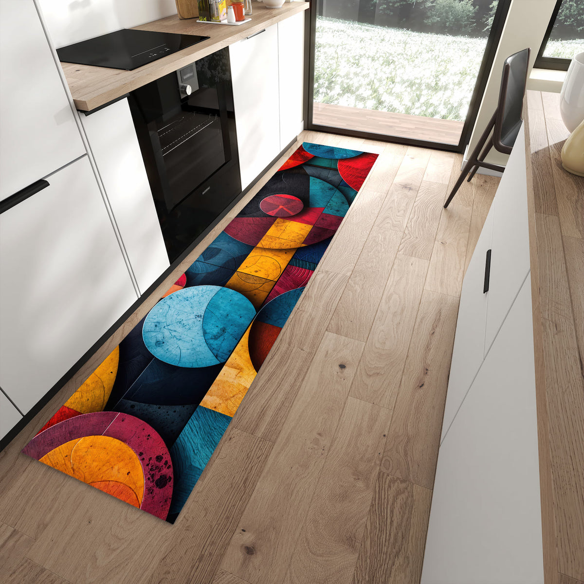 Zeitsparender langer Teppich mit Motiv Bunte Kreise in moderner Küche