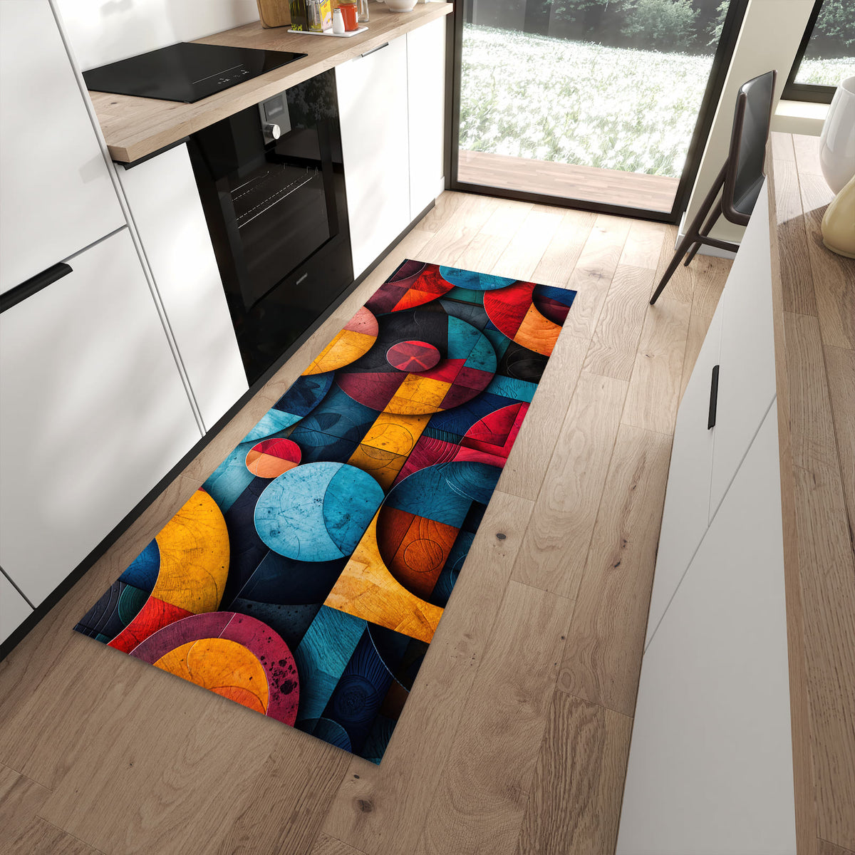UV-beständiger dünner Teppich mit Motiv Bunte Kreise in moderner Küche