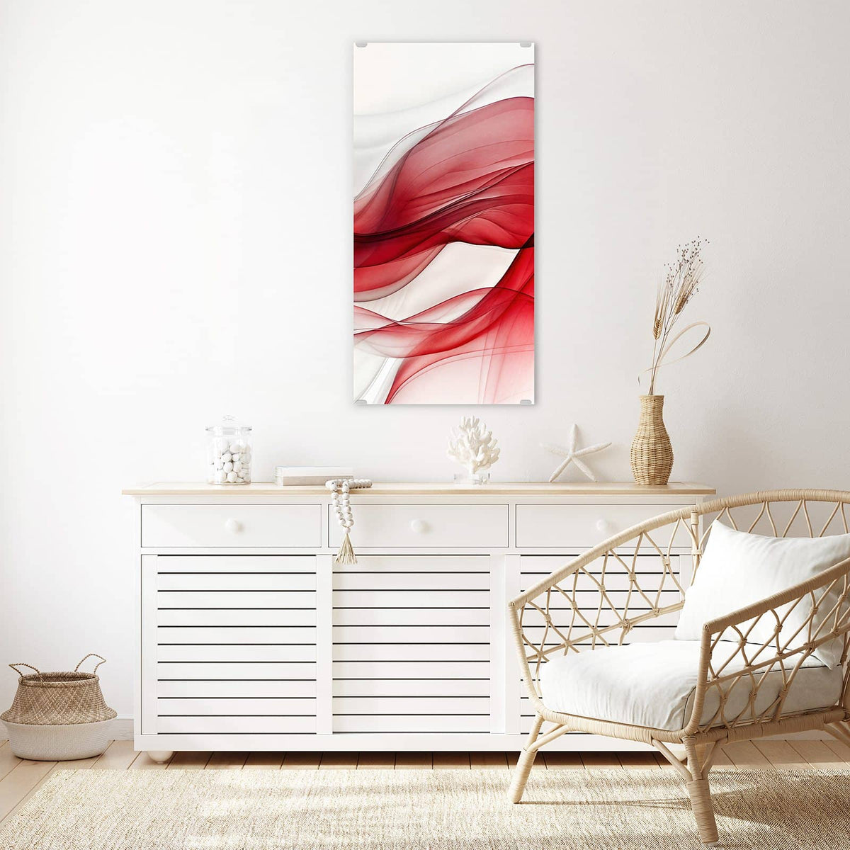 Glasbild Rote Bänder auf Weiß an der Wand – Durchscheinende rote Bänder, die sich wellenförmig über weißen Grund legen.