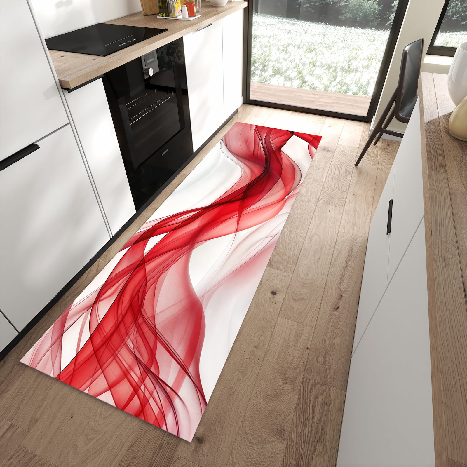 Ordnungsschaffender Küchenläufer mit Motiv Farbige Wellen in moderner Küche