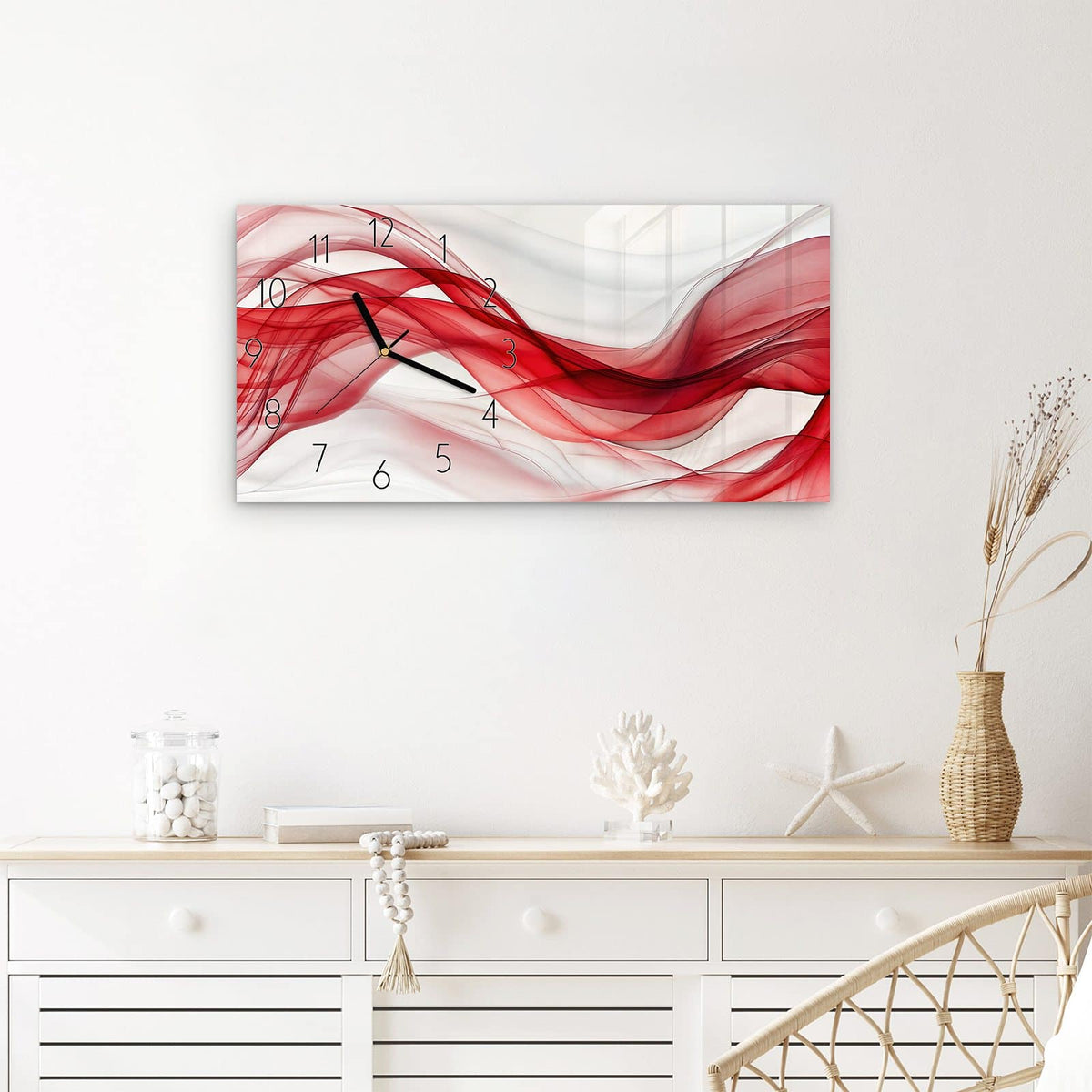 Wanduhr Farbige Wellen aus Glas – Querformat 60 × 30 cm – Schwungvolle Bänder in Rot und Weiß